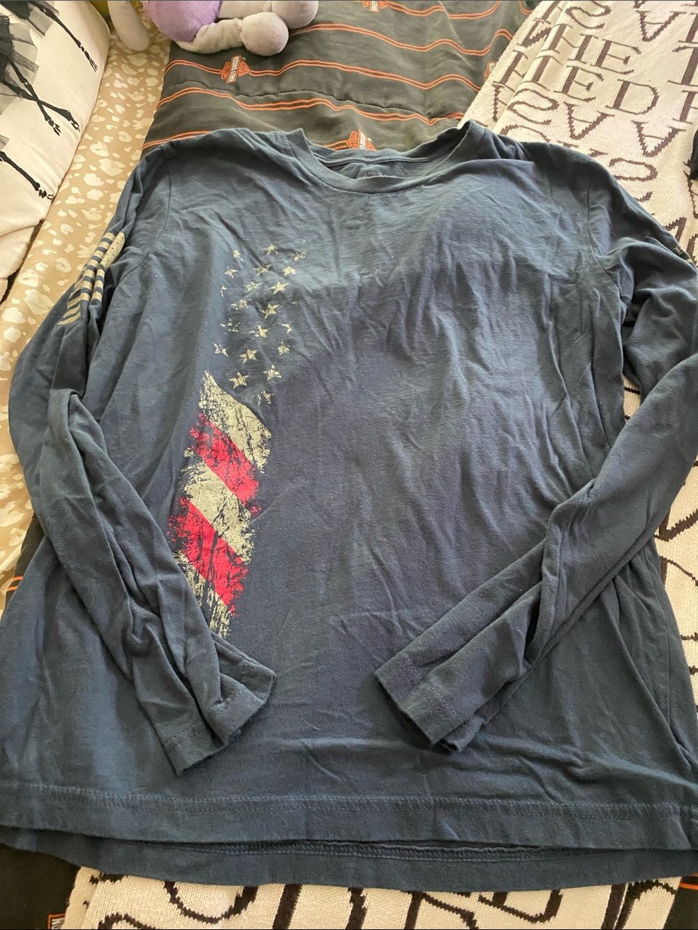 Grunt Style Women's Long-Sleeve Tee - Navy with Red and White Flag Graphic
